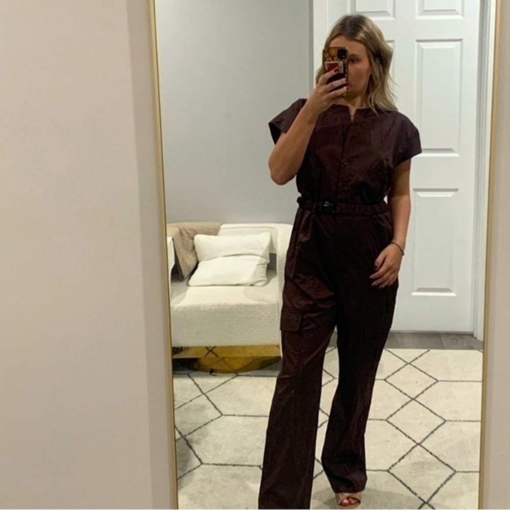 ✅ NWT Devotion Twins Jumpsuit Button Down Buckle Belt in Brown